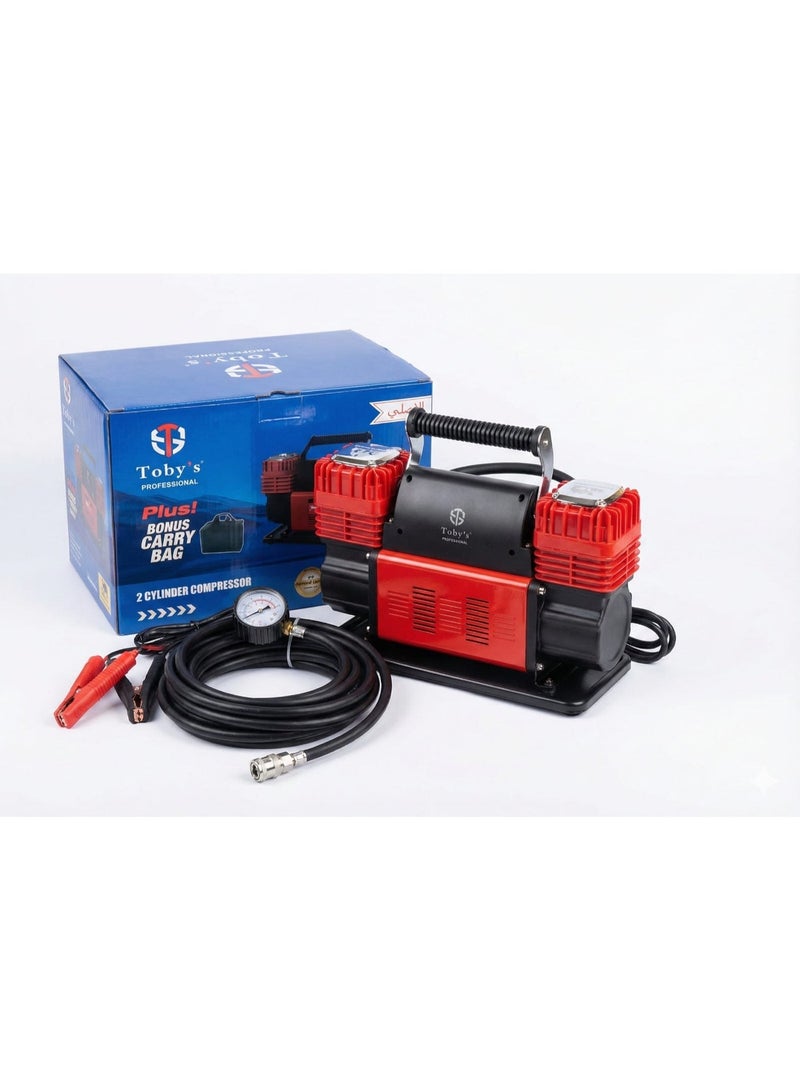 Toby's Professional Dual Cylinder Car Tire Air Inflator – 12V High-Power Air Compressor with Pressure Gauge, 150 PSI & 300L/Min Fast Inflation - Image 1